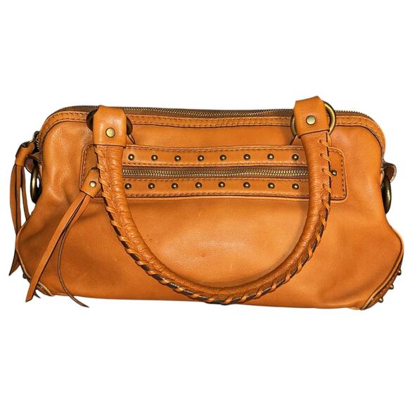 Michael Kors Tan Leather Satchel w/ Gold Studs & Fringe Authenticated - Picture 1 of 11